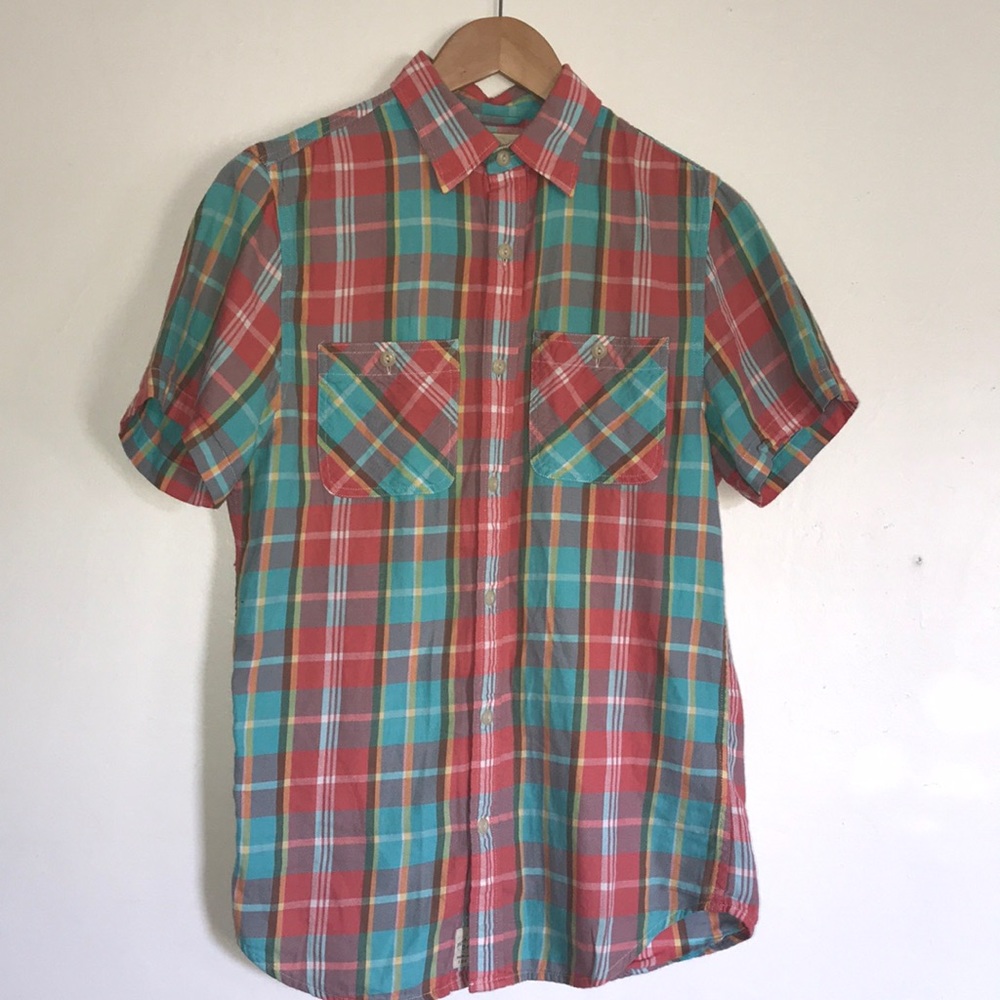 Multi color plaid short sleeve button up